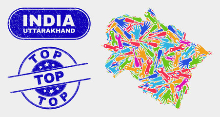 Fototapeta premium Service Uttarakhand State map and blue Top distress watermark. Bright vector Uttarakhand State map mosaic of industrial units. Blue rounded Top rubber.