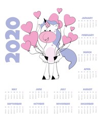 Calendar 2020 with unicorn. Vector illustration. Funny unicorn with hearts.