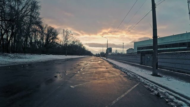 street sky winter sunset on the emty road in the city.