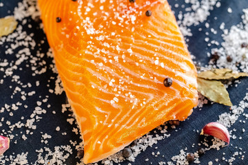 a large piece of red fish fillet with vegetables and spices and fresh herbs, stand and lie, from...
