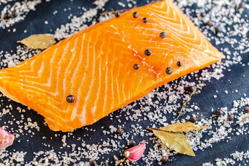 a large piece of red fish fillet with vegetables and spices and fresh herbs, stand and lie, from...