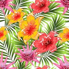 Fototapeta na wymiar Tropical palm leaves, flowers, branches. Seamless pattern. Greeting card, invitation for summer beach party, flyer. Vector illustration.