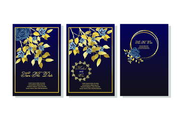Set of card with flowers, rose, leaves. Wedding navy blue and gold concept. Vector illustration. 