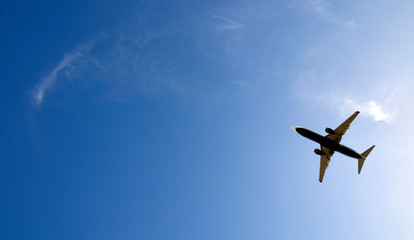 Airplane flying in the sky.Commercial passenger aeroplane in the flight.Travel concept background with copy space.