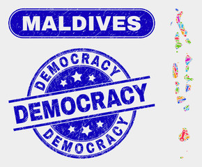 Constructor Maldives map and blue Democracy distress seal. Bright vector Maldives map mosaic of workshop units. Blue rounded Democracy seal.