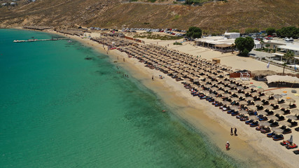 Aerial drone photo of famous organised beach of Elia with emerald clear sandy sea shore, Mykonos island, Cyclades, Greece  
