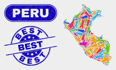Component Peru map and blue Best textured seal. Colorful vector Peru map mosaic of mechanic elements. Blue round Best seal.