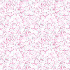 Hand-drawn Pink hibiscus line art seamless pattern design