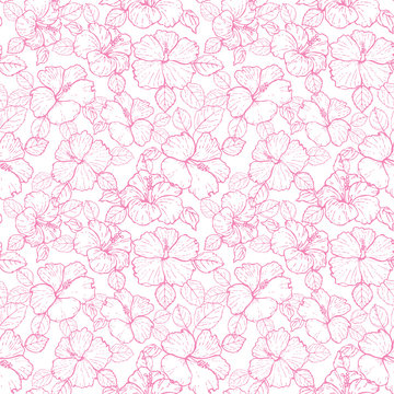 Hand-drawn Pink hibiscus line art seamless pattern design