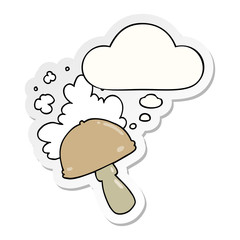 cartoon mushroom with spore cloud and thought bubble as a printed sticker