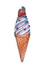 Cool ice cream in a cone with red filling and strawberry on the tip.