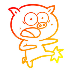 warm gradient line drawing cartoon pig shouting and kicking