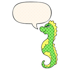 cartoon sea horse and speech bubble in comic book style