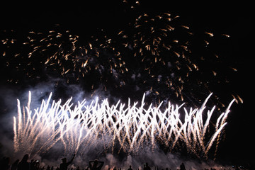 Real Fireworks footage 4k video on Deep Black Background Sky on Futuristic Fireworks festival show...