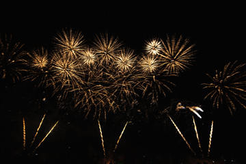 Real Fireworks footage 4k video on Deep Black Background Sky on Futuristic Fireworks festival show...