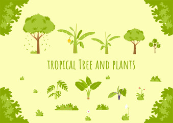 Tropical tree and Plants Nature landscape elements set, trees, stones and grass clip art.