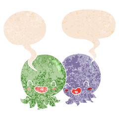 two cartoon octopi  and speech bubble in retro textured style
