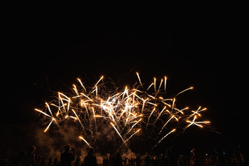 Real Fireworks footage 4k video on Deep Black Background Sky on Futuristic Fireworks festival show before independence day on 4 of July