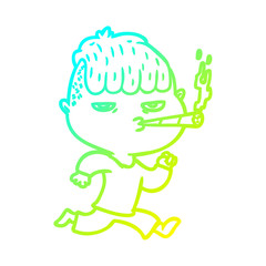 cold gradient line drawing cartoon man smoking whilst running