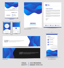 Modern stationery mock up set and visual brand identity with abstract colorful dynamic background shape. Vector illustration mock up for branding, cover, card, product, event, banner, website.