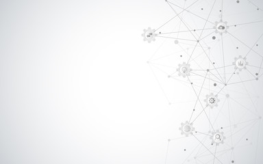 Technical abstract background with connecting dots and lines. Digital technology and communication concept with flat icons.