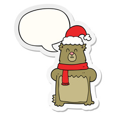 cartoon bear wearing christmas hat and speech bubble sticker