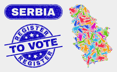 Component Serbia map and blue Register to Vote textured stamp. Colored vector Serbia map mosaic of industrial parts. Blue rounded Register to Vote stamp.