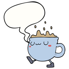 cartoon coffee cup walking and speech bubble