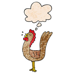 cartoon rooster and thought bubble in grunge texture pattern style