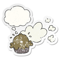 cute cartoon pie and thought bubble as a distressed worn sticker