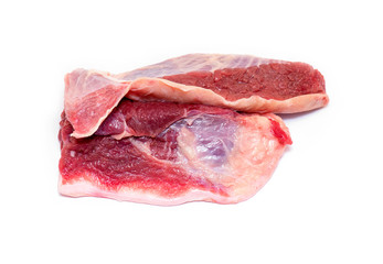 Real pieces of raw Meat Beef for Soup isolated on white Background