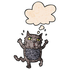 cartoon crazy excited cat and thought bubble in grunge texture pattern style