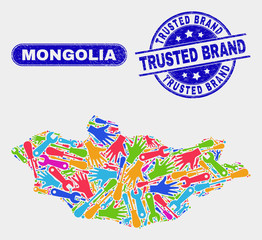 Productivity Mongolia map and blue Trusted Brand textured seal. Bright vector Mongolia map mosaic of tools components. Blue round Trusted Brand seal.