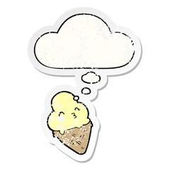 cartoon ice cream and thought bubble as a distressed worn sticker