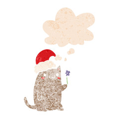 cute cartoon christmas cat and thought bubble in retro textured style