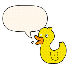 cartoon quacking duck and speech bubble in comic book style