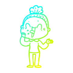 cold gradient line drawing cartoon happy old woman