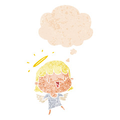 cartoon angel and thought bubble in retro textured style