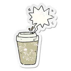 cartoon coffee cup and speech bubble distressed sticker