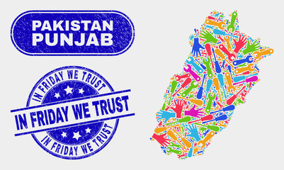 Element Punjab Province map and blue In Friday We Trust textured seal. Colored vector Punjab Province map mosaic of tools components. Blue rounded In Friday We Trust seal.