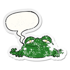 cartoon ugly frog and speech bubble distressed sticker