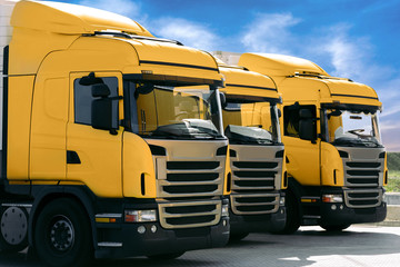 Fototapeta na wymiar three yellow trucks of a transporting company parked in row in the parking lot. trucking and logistics