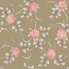 Seamless pattern with pink roses on the ocher background