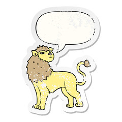 cartoon lion and speech bubble distressed sticker