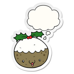 cute cartoon christmas pudding and thought bubble as a printed sticker