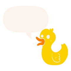 cartoon quacking duck and speech bubble in retro style