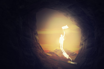 glowing silhouette young man with flag in his hand, concept for freedom 