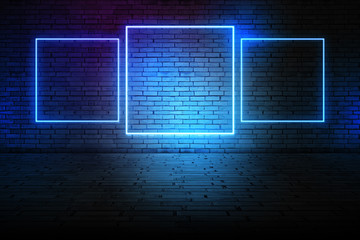 Futuristic Sci Fi Elegant Modern Neon Glowing Rectangle Frame Shaped Lines Tubes Purple Pink Blue Colored Lights In Dark Empty Grunge Concrete Brick Room