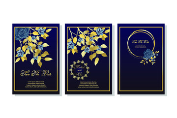 Set of card with flowers, rose, leaves. Wedding navy blue and gold concept. Vector illustration. 