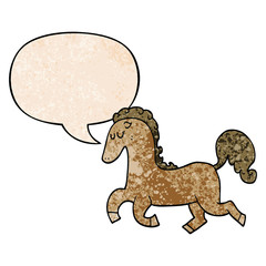cartoon horse running and speech bubble in retro texture style